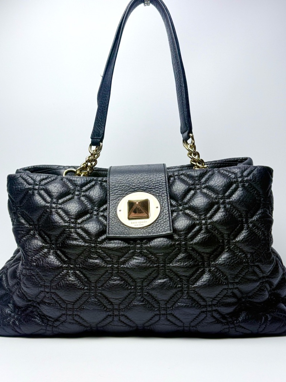 Kate Spade Astor Court Elena Tote Black Quilted Leather Gold Chain Shoulder Bag